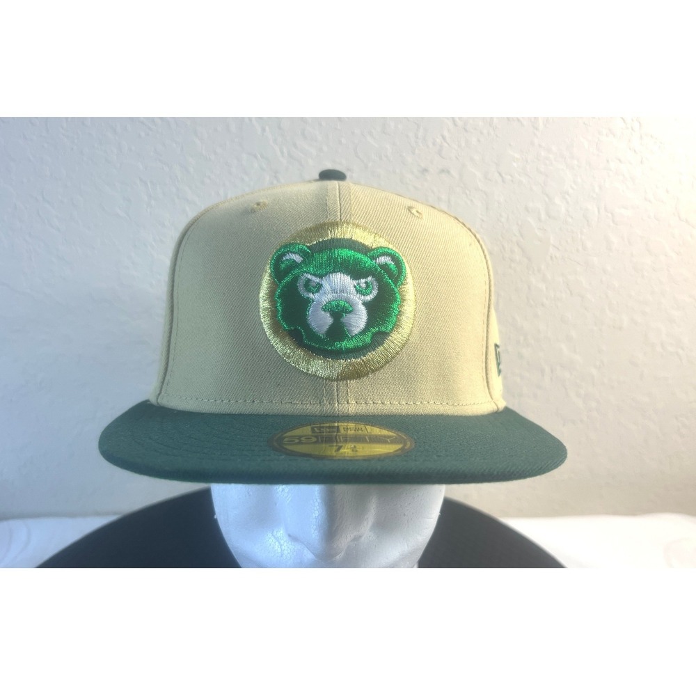 New Era 59FIFTY Chicago Cubs Fitted Hat 7 3/8 Tan Green Be Alert Side Patch Cap